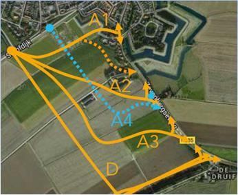 Kaart met de onderzochte tracés voor de randweg, waaronder voorkeurstracé A3